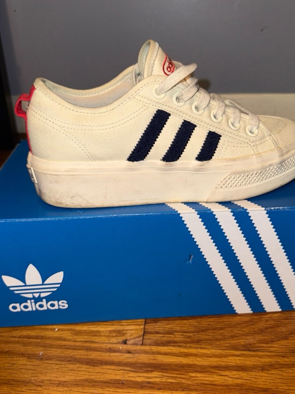 adidas Kids Off-White Canvas Sneakers with Navy Stripes and Red Heel Tab